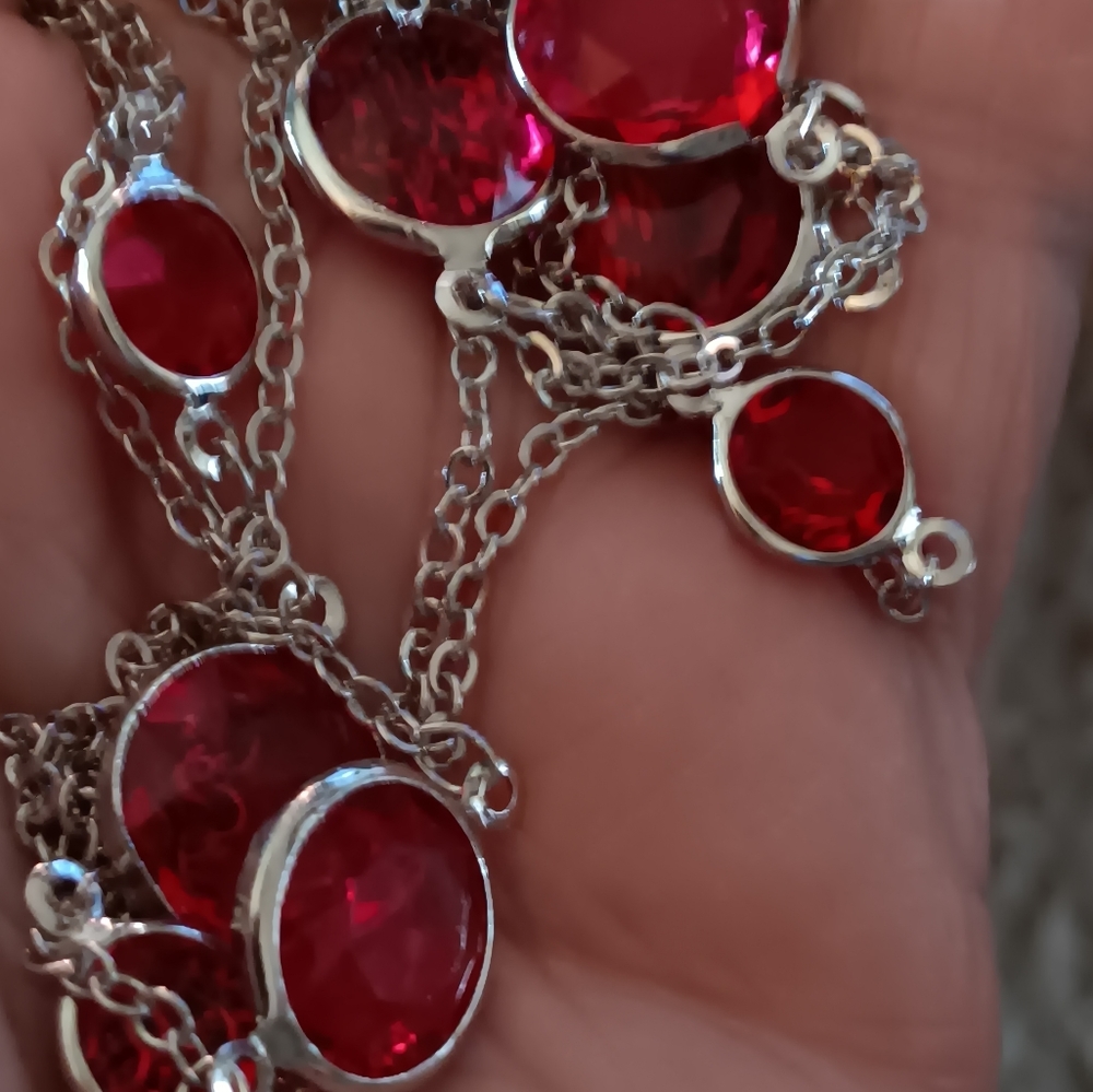 Long Faux Rubilite Gem Quality Color SilverTone Necklace Earrings Set